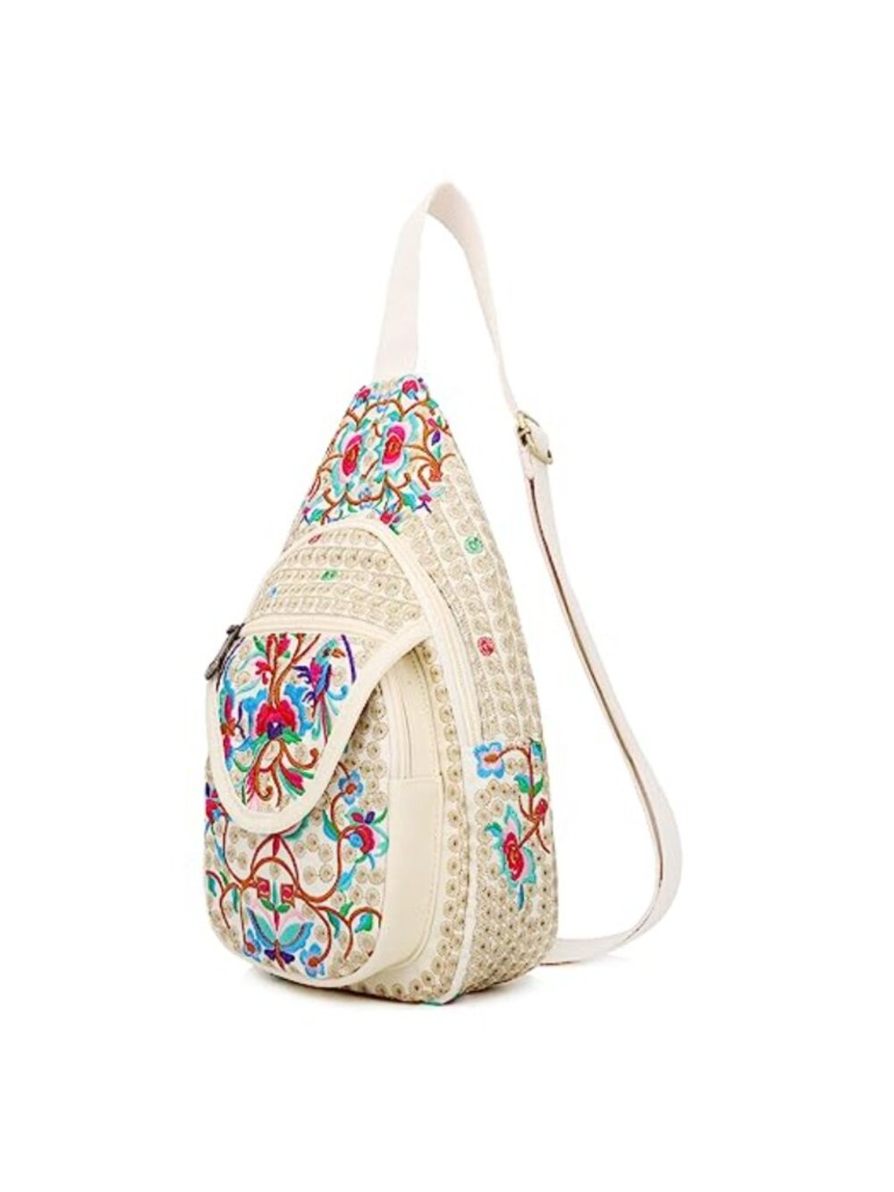 Embroidered Floral Canvas Sling Backpack Mini Travel Purse Adjustable